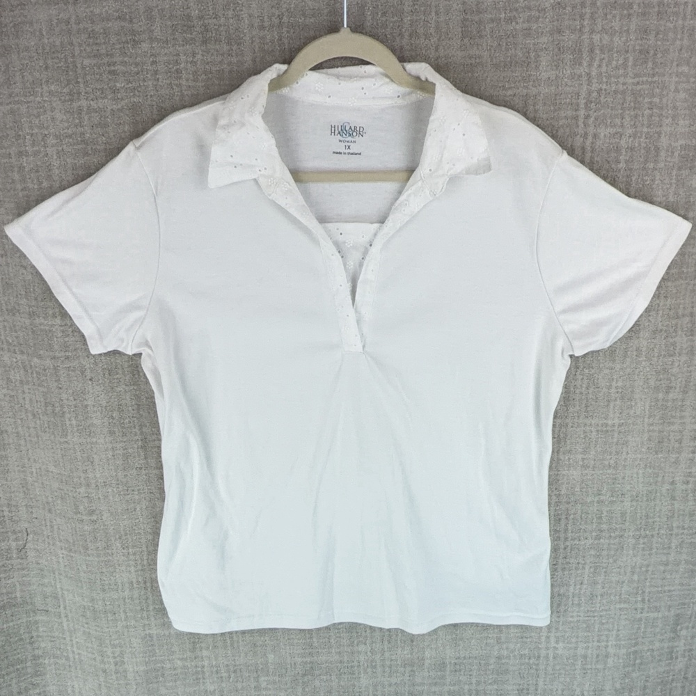 Hillard & Hanson Polo Womens 1X White Basic Jersey Collared Short Sleeve